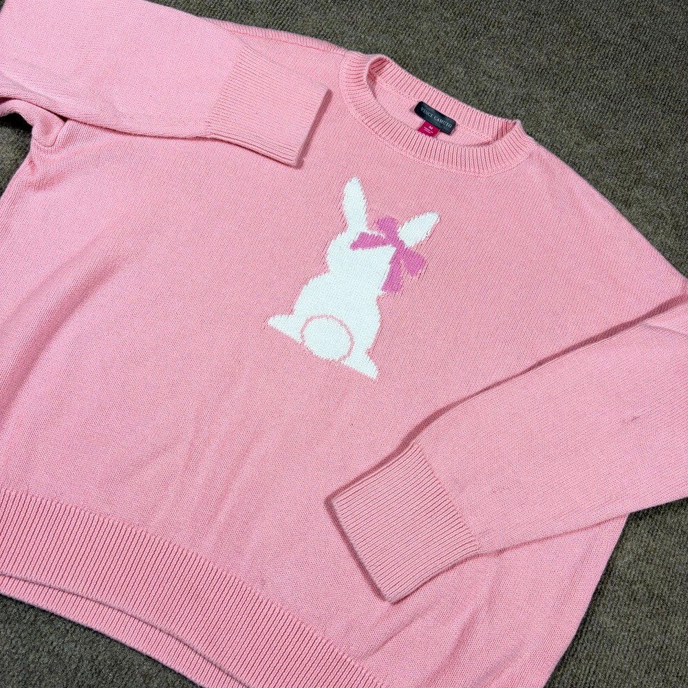 Vince Camuto Sweater Womens Medium Pink Bunny Bow Long Sleeve Crew Neck Pullover